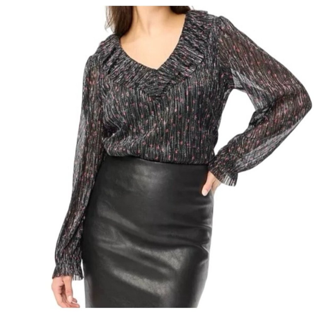 J.Crew Women's Shimmer Ruffle V-Neck Metallic Floral Blouse Size Medium Black